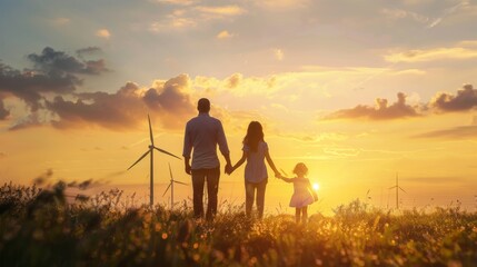 Silhouettes of Happy family father, mother and child daughter for hand and looking on windmill field at sunrise. windmills for electricity generation at sunrise by producing sustainable energy concept - obrazy, fototapety, plakaty