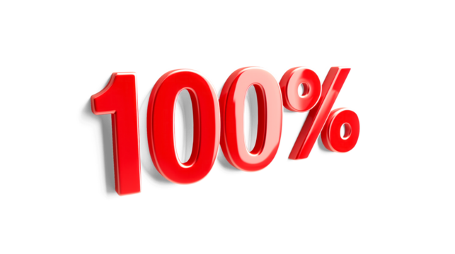 3D letter 100% in hero red and white on a transparent background