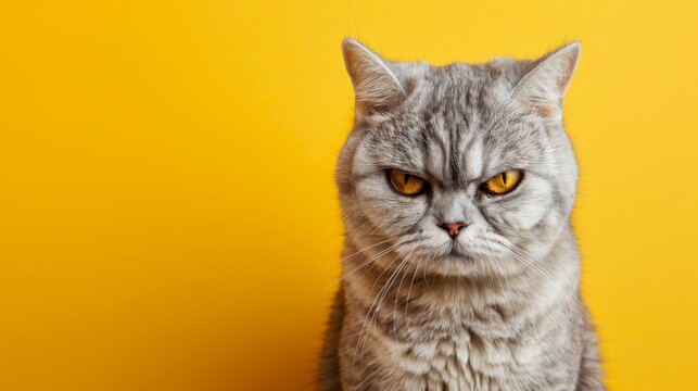 silver tabby british shorthair cat portrait looking serious or angry on yellow background with copy space