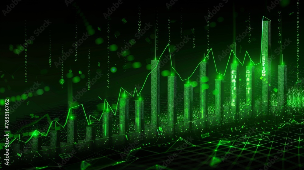 Poster stock market chart with green candlesticks going up indicating crypto rising in value. graphical rep