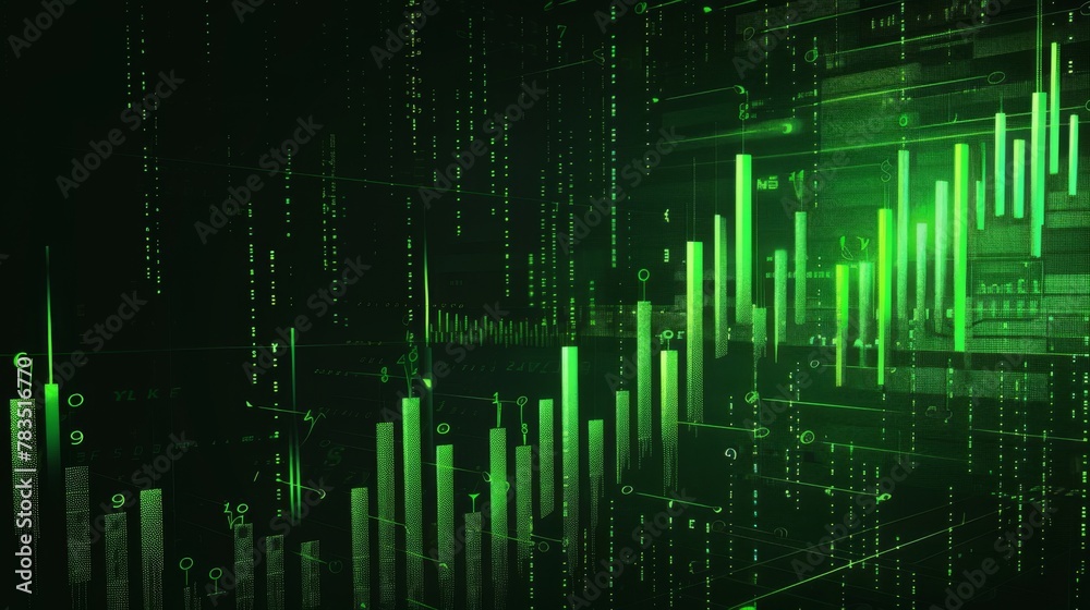 Poster stock market chart with green candlesticks going up indicating crypto rising in value. graphical rep