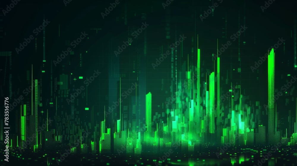 Poster stock market chart with green candlesticks going up indicating crypto rising in value. graphical rep