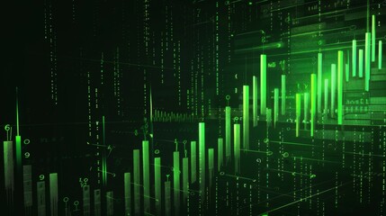 Stock market chart with green candlesticks going up indicating crypto rising in value. Graphical representation of volumes and time intervals of digital cryptocurrency past price movements