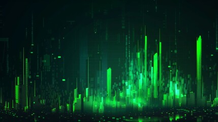 Stock market chart with green candlesticks going up indicating crypto rising in value. Graphical representation of volumes and time intervals of digital cryptocurrency past price movements - obrazy, fototapety, plakaty