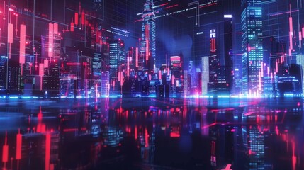 Obraz premium Stock market digital graph chart on LED display concept. A large display of daily stock market price and quotation. Indicator financial with buildings background