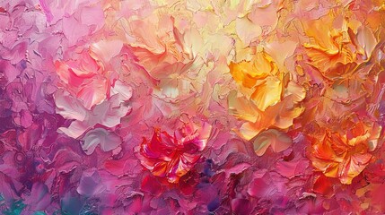 Flowersinspired abstract texture, iridescent pinks and yellows, seamless design, wide view