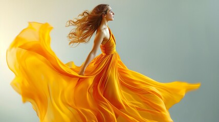 Naklejka premium Elegant woman dancing while soaring on the wind in a golden silk dress. On a grey background, a stunning model in a yellow gown waves. Joyful Young Woman in Imaginary Clothes