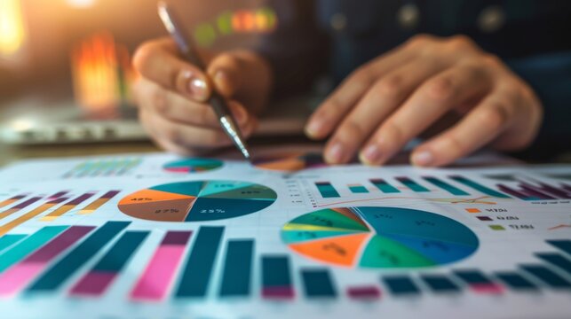 Strategy of diversified investment. Investor managing portfolio. Pie chart and candlestick charts.