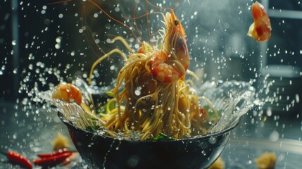 Super Slow Motion of Flying Asian Noodles with Vegetable and Prawns. Filmed on High Speed Cinema Camera, 1000 fps. Speed Ramp Effect. - obrazy, fototapety, plakaty