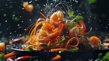 Super Slow Motion of Flying Asian Noodles with Vegetable and Prawns. Filmed on High Speed Cinema Camera, 1000 fps. Speed Ramp Effect. - obrazy, fototapety, plakaty