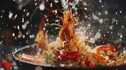 Super slow motion of flying asian wok noodles with prawns and vegetable. Filmed on high speed cinema camera, 1000 fps. Speed ramp effect. - obrazy, fototapety, plakaty