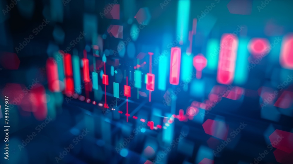 Poster technical price graph and indicator, red and green candlestick chart on blue theme screen, market vo