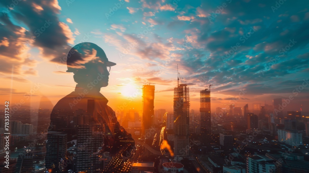 Poster the double exposure image of the engineer standing during sunrise overlay with cityscape image. the 