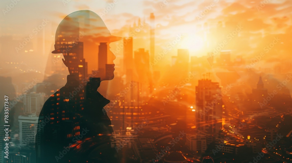 Poster the double exposure image of the engineer standing during sunrise overlay with cityscape image. the 