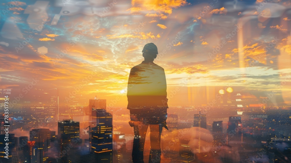 Poster the double exposure image of the engineer standing during sunrise overlay with cityscape image. the 