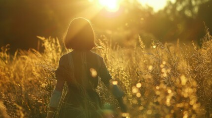 The girl walks through the meadow in thick high grass and her hand touches the tops of the ears in the rays of the sunset in slow motion - obrazy, fototapety, plakaty