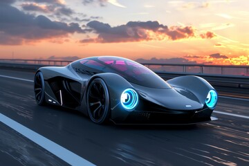 A futuristic concept car with sleek lines and glowing LED lights, driving on an open highway at sunset The design incorporates highly detailed focus stacking with eyecatching details and holographic m - obrazy, fototapety, plakaty