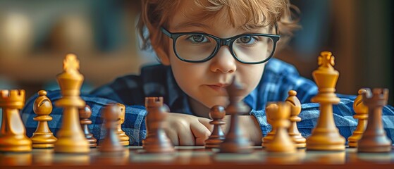 Young child practicing chess moves. Next to the chessboard is an intelligent little boy wearing glasses. Development and Education of Children. Brown Studio Background - obrazy, fototapety, plakaty