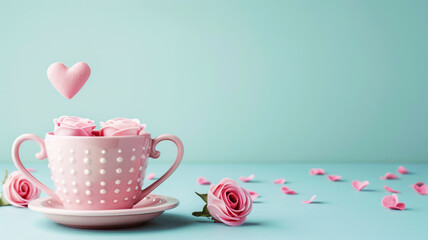 Two coffee mugs with roses and hearts on a pastel colored background
