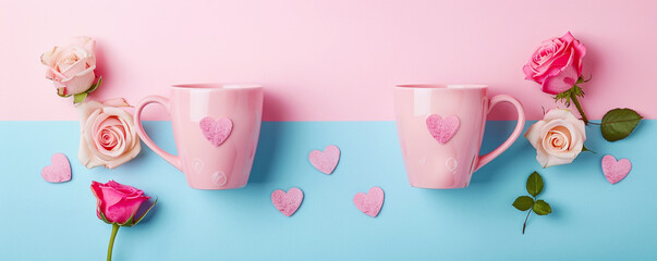 Two coffee mugs with roses and hearts on a pastel colored background