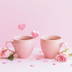 Fototapeta na wymiar Two coffee mugs with roses and hearts on a pastel colored background