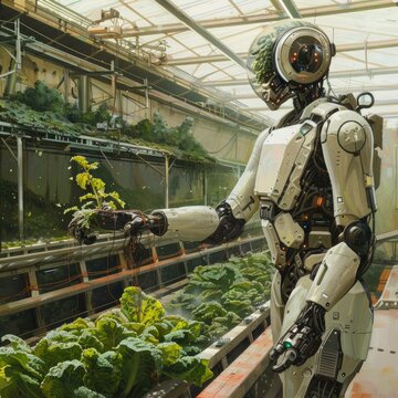 Mechanized future where robots tend to vast intricate vegetable gardens