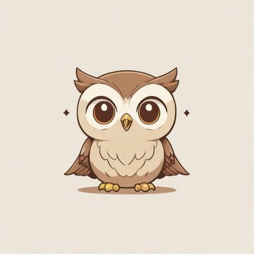 Brown Owl Perched on Tree Branch in Night - Cartoon Vector Illustration