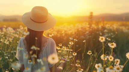 woman in straw hat standing on the meadow holding chamomile flowers slow motion happy nature landscape in sun rays at sunset - obrazy, fototapety, plakaty