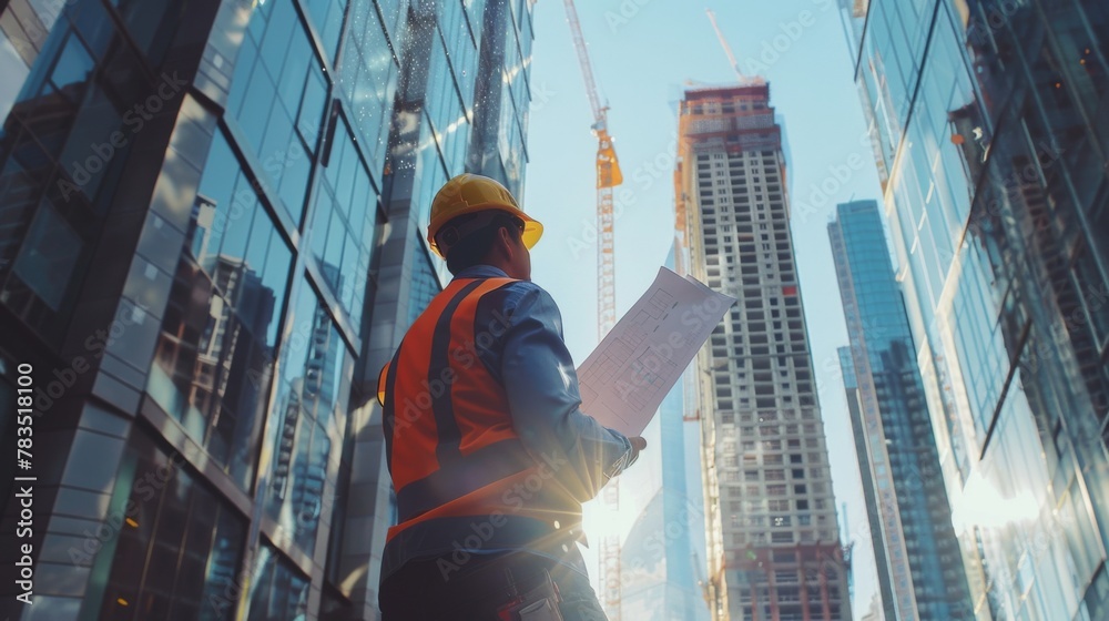 Poster worker builder foreman engineering occupation working with construction site project background. person looking plan paper to made floor business tower building.