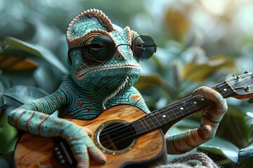 Cool Chameleon Grooves on Guitar. Concept Music Performance, Guitar Techniques, Reptile Rock, Cool Chameleon, Unique Jam Session - obrazy, fototapety, plakaty