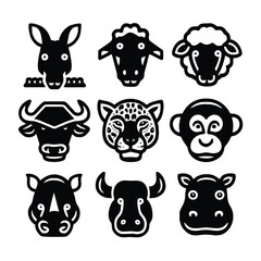 A set of nine icon illustration of a unique animal concept. kangaroo, crocodile, sheep, buffalo, jaguar, monkey, rhino, bull, hippo. Set collection of animals Icons. Simple line art style icons pack