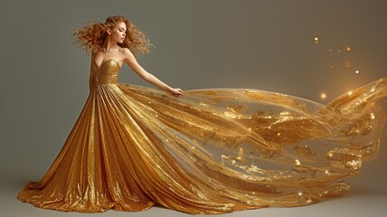 attractive girl with curly hair and a golden glitter dress. Fashion Model Wearing a Long Gold Gown. Gorgeous Female Wearing an Ancient Greek Queen Costume