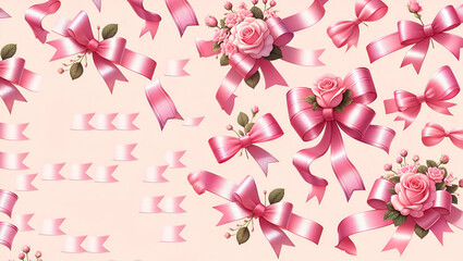 Cute pink bow vector seamless pattern in the style of doodles hand drawn, generative ai
