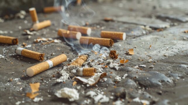 World No Tobacco Day Concept. Stop Smoking. Tobacco cigarette butts on the floor. health concept The more you smoke, the worse your health and life.