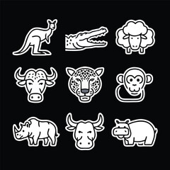 A set of nine icon illustration of a unique animal concept. kangaroo, crocodile, sheep, buffalo, jaguar, monkey, rhino, bull, hippo. Set collection of animals Icons. Simple line art style icons pack