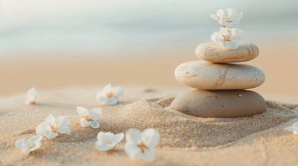 Fototapeta na wymiar A Balanced stones on a bed of sand