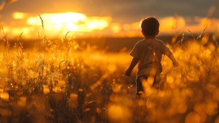 Obraz na płótnie Canvas Young boy walking and running his hand through golden grass at sunset