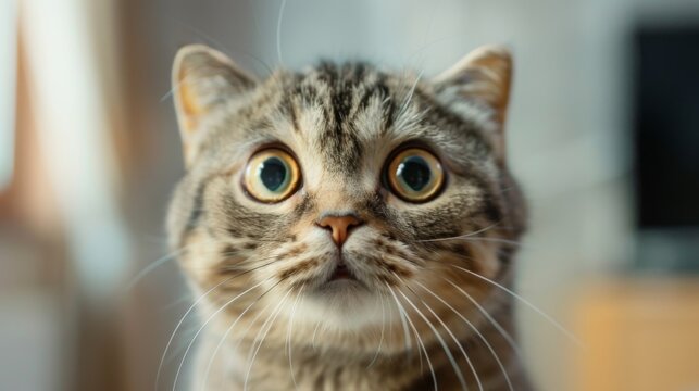 Young crazy surprised cat make big eyes closeup. American shorthair surprised cat or kitten funny face big eyes.