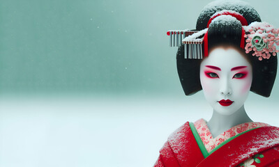 Japan Geisha Girl Figurine in Wood w/ Glass Case with light green background, generative ai