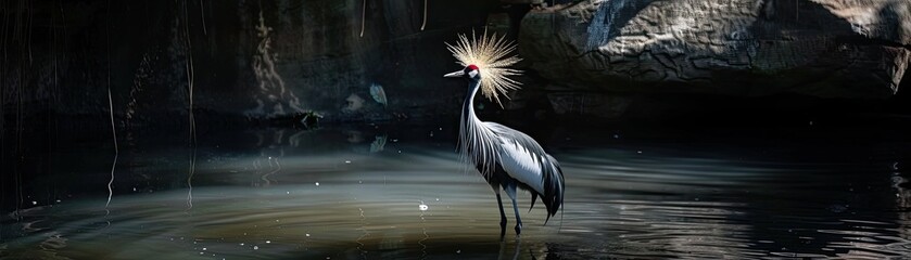 Fototapeta premium A neon-crowned crane its feathers softly lit