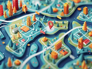 Stylized map design with custom icons and paths
