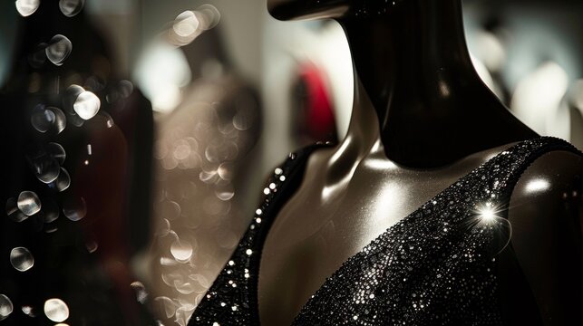 An image of a mannequin sporting a sleek and modern evening gown its elegant silhouette and shimmering sequin design catching the light in all the right places. .