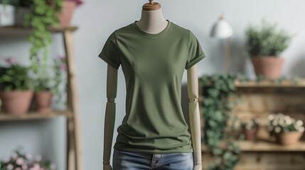 T-shirt mockup, women's green T-shirt mockup worn on mannequins