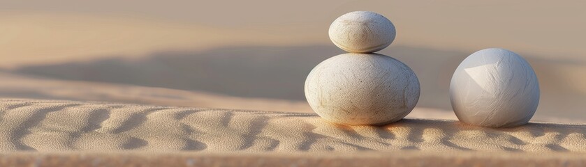 a Balanced stones on a bed of sand