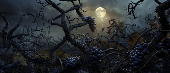 Eerie vines, moonlit haunted vineyard, silent whispers, ghostly grapes, - obrazy, fototapety, plakaty