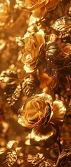 Fototapeta premium Golden roses in full bloom, sunlight, closeup, golden hour glow, 