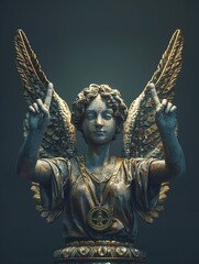 A medallist angel, in a variation zen pose, holding up two fingers for peace on a dark background, embodying triumph and serenity,  - obrazy, fototapety, plakaty