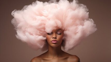 Studio portrait of a beautiful African American female model with pink cotton candy for hair. Her eyes are closed.