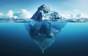 Fototapeta na wymiar iceberg concept, above water part of iceberg is visible and below it more part under the surface is visible