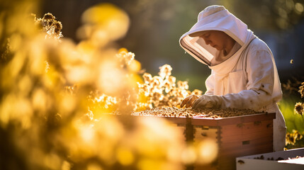 Obraz premium A beekeeper inspecting honeycombs in a hive surrounded by blooming flowers, copy space , photo shot, day light